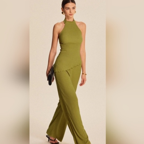 Commense Pants - Halter Neck Backless Pants Set in Green